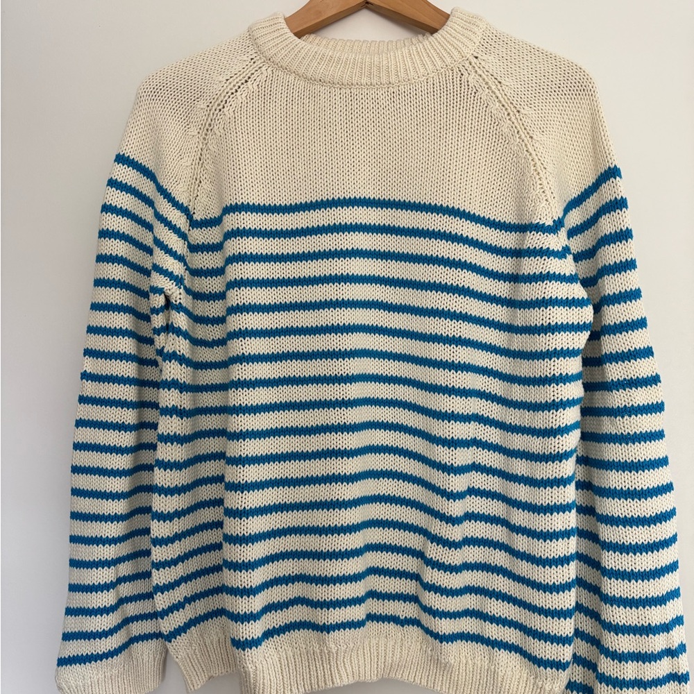 Zara Cream and Blue Striped Crew Neck Sweater